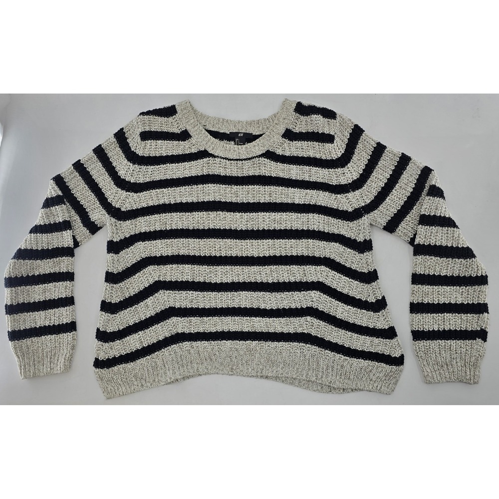 H&M Chunky Knit Sweater Women's Black Off-White Striped Loose Fit Pullover- L
